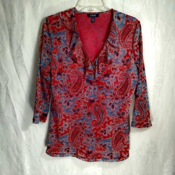Chaps Denim blues and pink v-neck tunic women's XL #686 - Picture 1 of 3